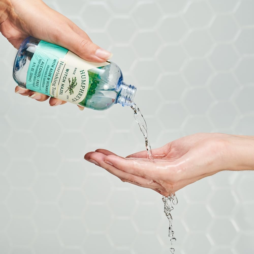 Humphreys Toner bottle in use, showcasing gentle daily care