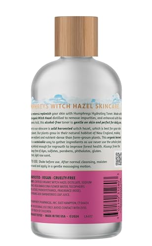 Humphreys toner bottle closeup highlighting alcohol-free formula and purity.