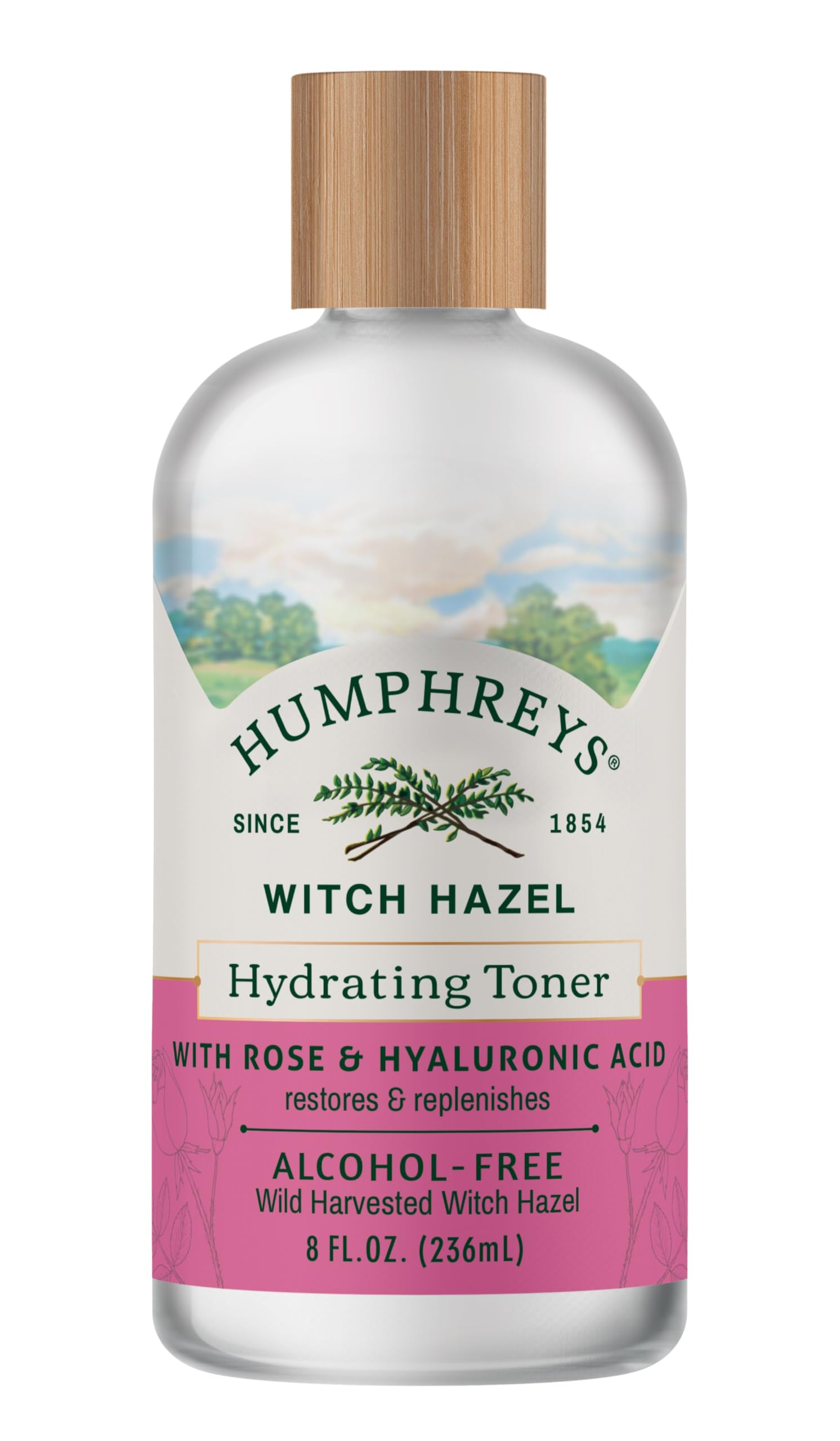 Humphreys Witch Hazel Hydrating Toner bottle on vanity for daily hydration.