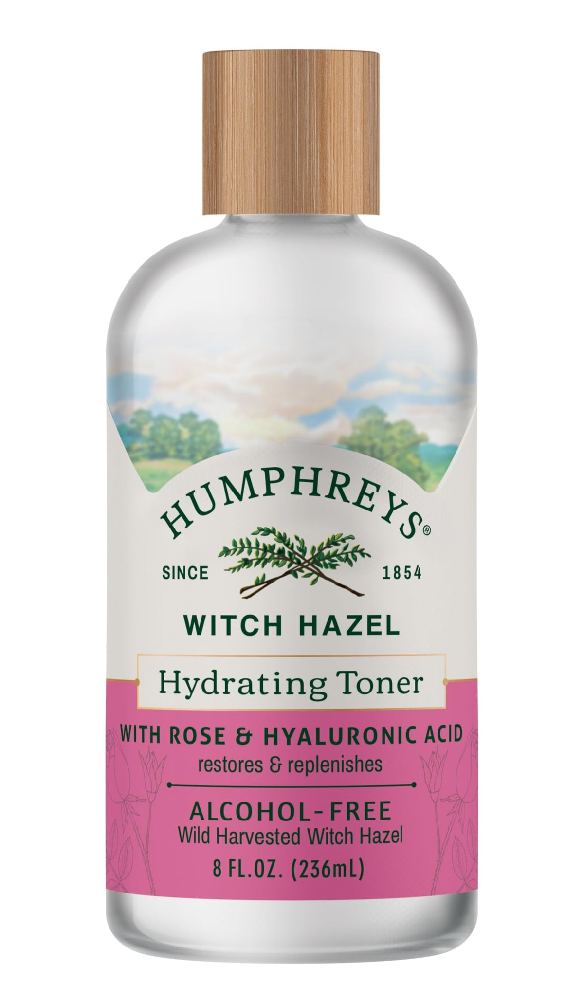 Humphreys Witch Hazel Hydrating Toner bottle on vanity for daily hydration.