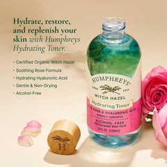 Humphreys Witch Hazel Hydrating Toner rose-water droplets on cotton pad.