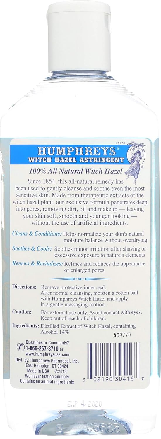 Humphreys Witch Hazel label closeup highlighting natural ingredients for skincare