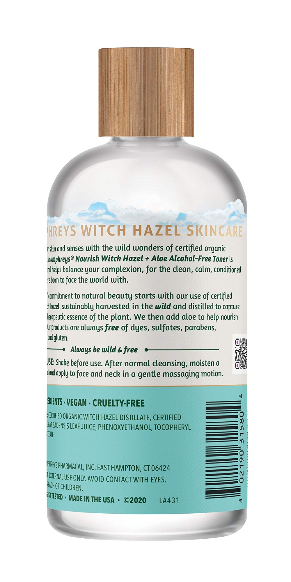 Humphreys Witch Hazel Nourishing Toner bottle side highlights unscented, aloe-powered daily care