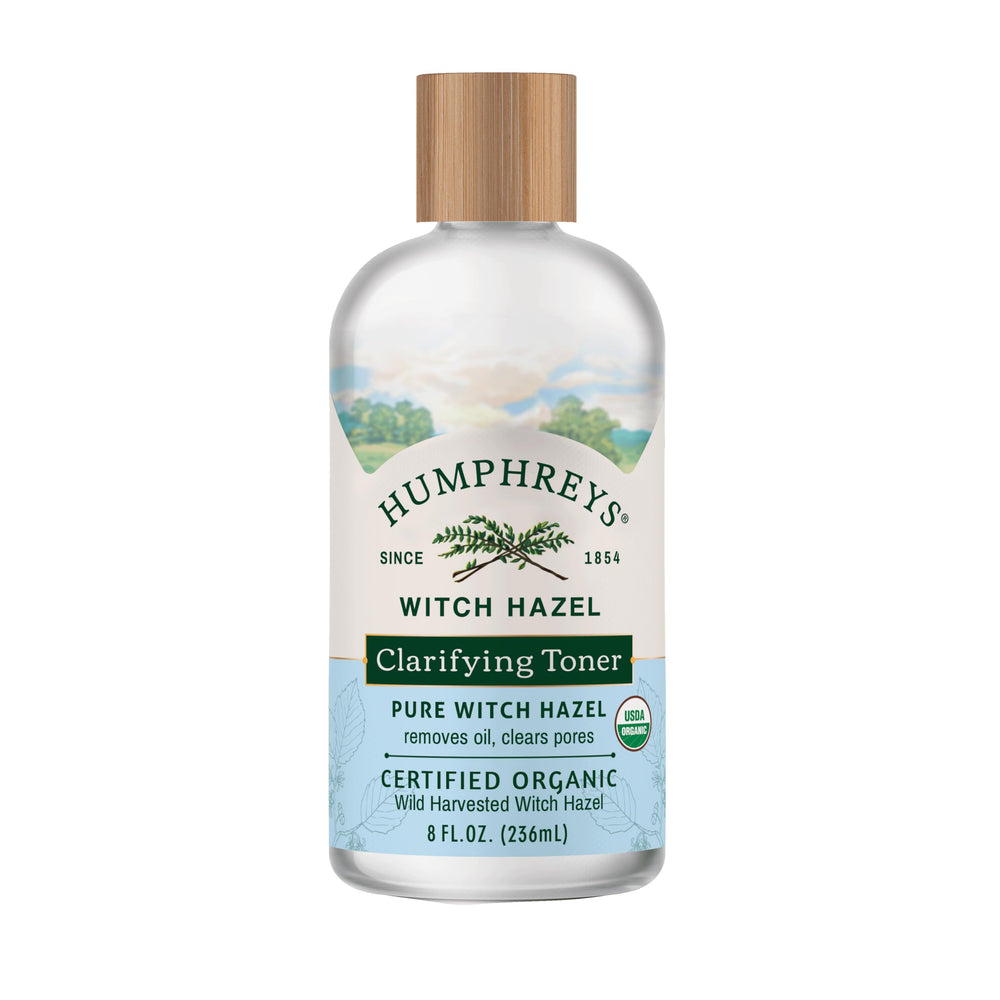 Humphreys Witch Hazel Toner bottle clarifies and hydrates for balanced skin.