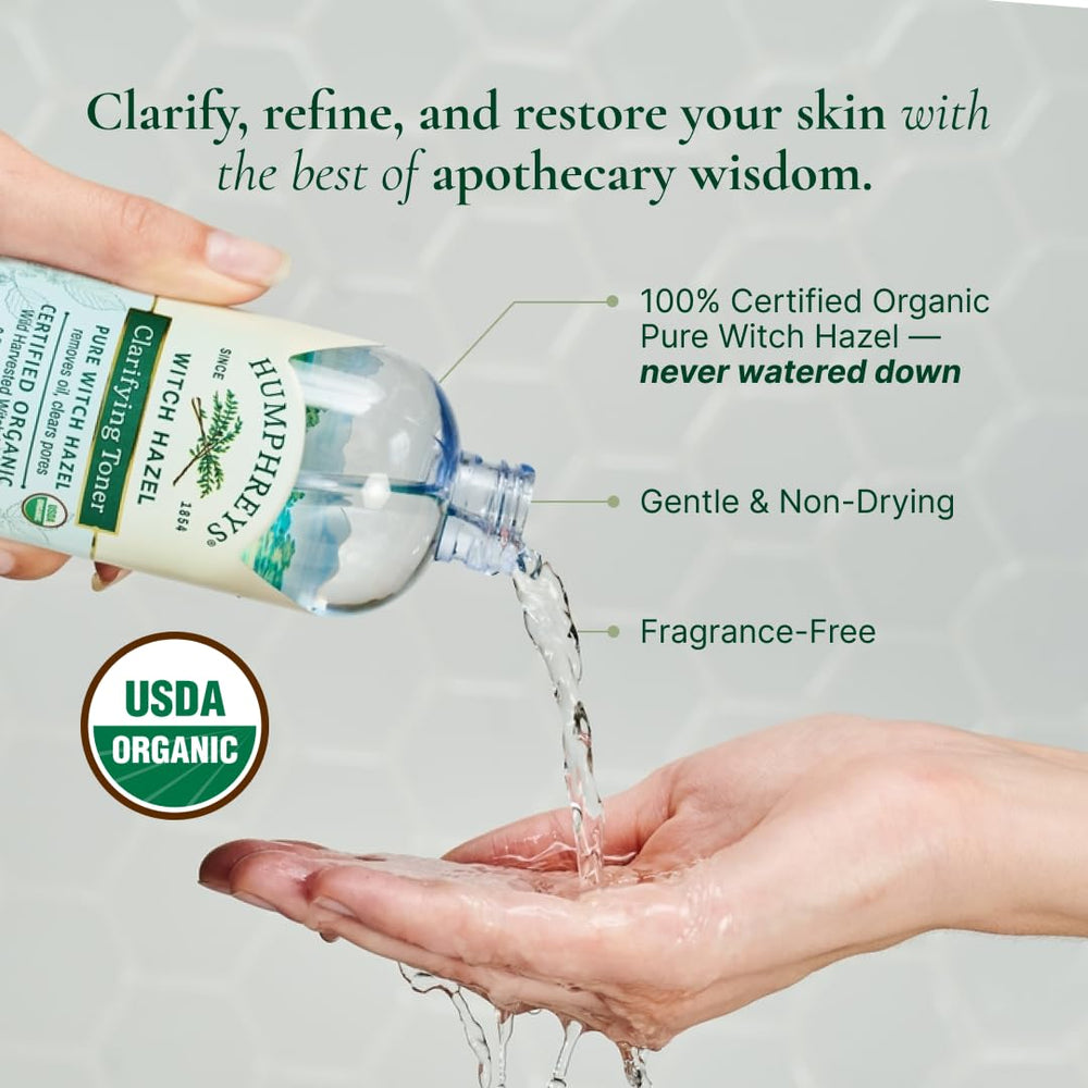 Humphreys Witch Hazel Toner liquid swirl highlights purity and botanical clarity.