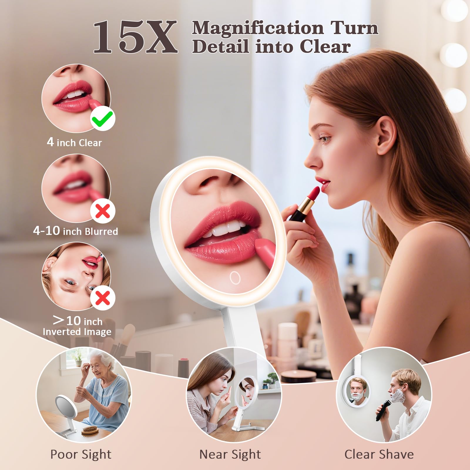 HUNCAB 15X/1X magnification mirror reveals fine details like mascara edges