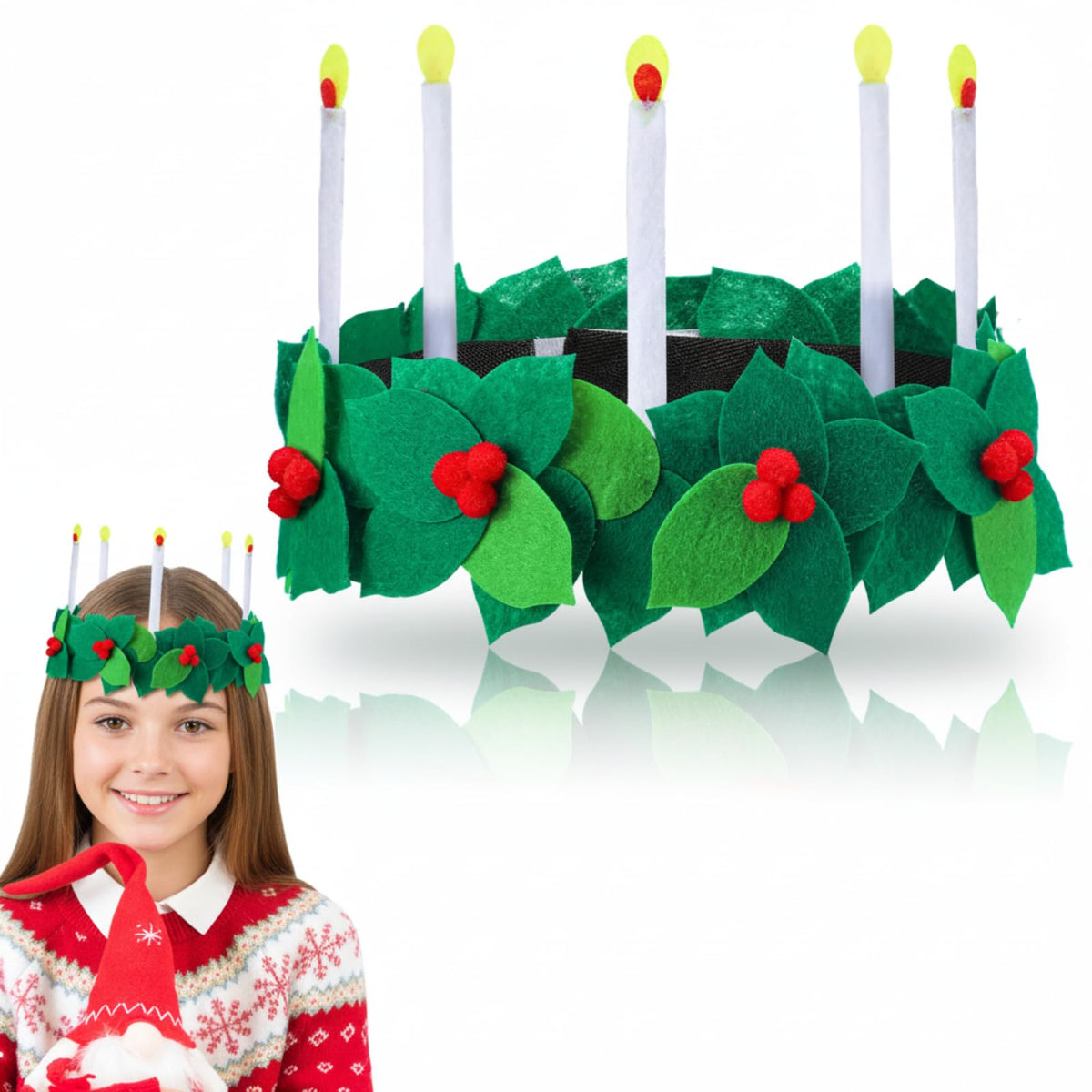 HunnmingRe St. Lucia crown candle headband offers a festive multicolor glow for celebrations.