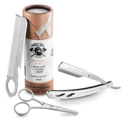 Hunter Jack straight razor kit closeup blade delivers precise grooming.