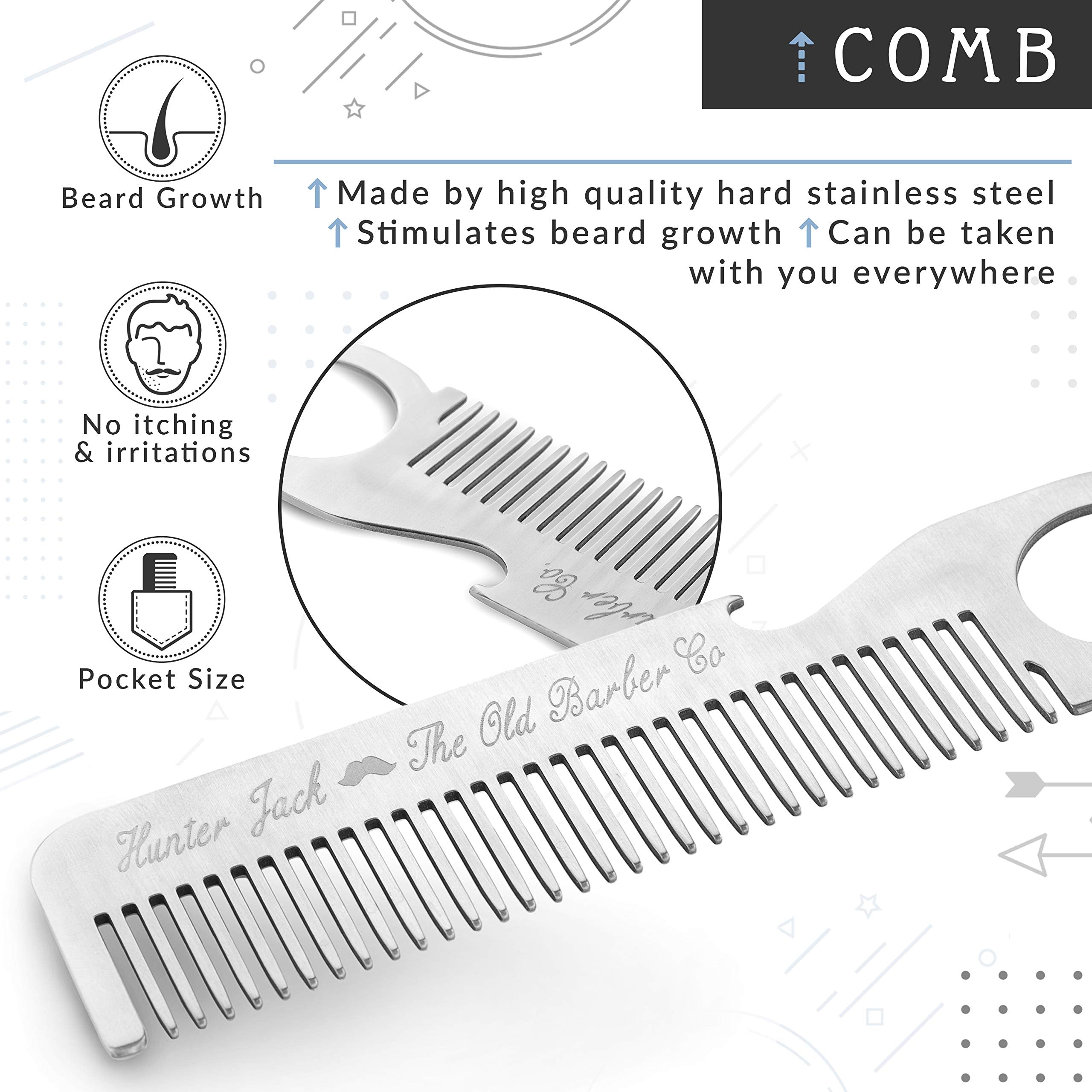 Hunter Jack straight razor kit metal-comb for tidying facial hair.