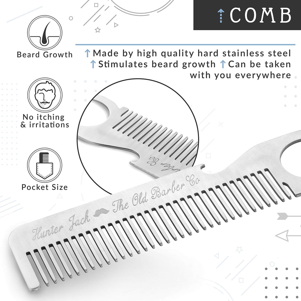 Hunter Jack straight razor kit metal-comb for tidying facial hair.