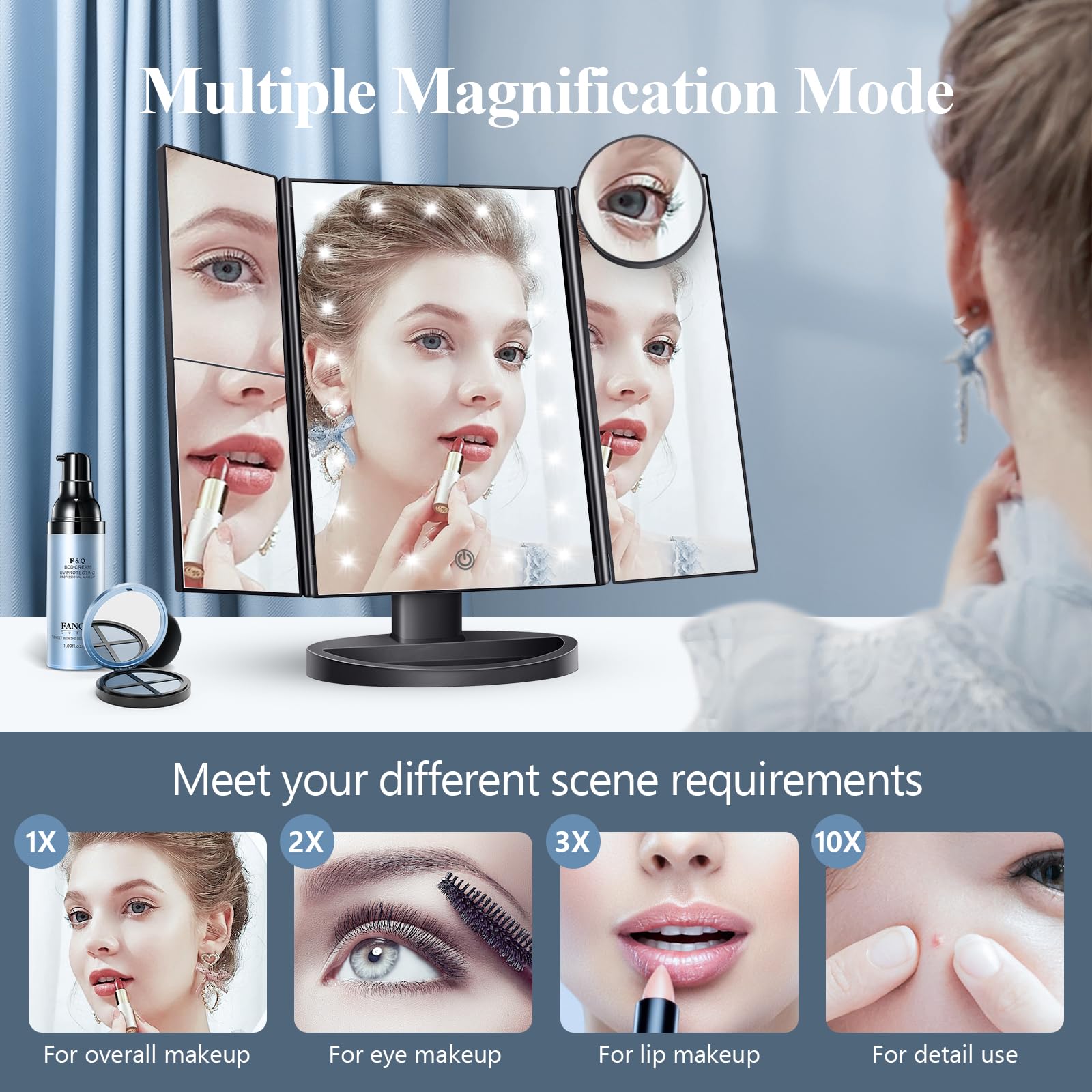 HUONUL makeup mirror 10x magnification reveals fine facial details.