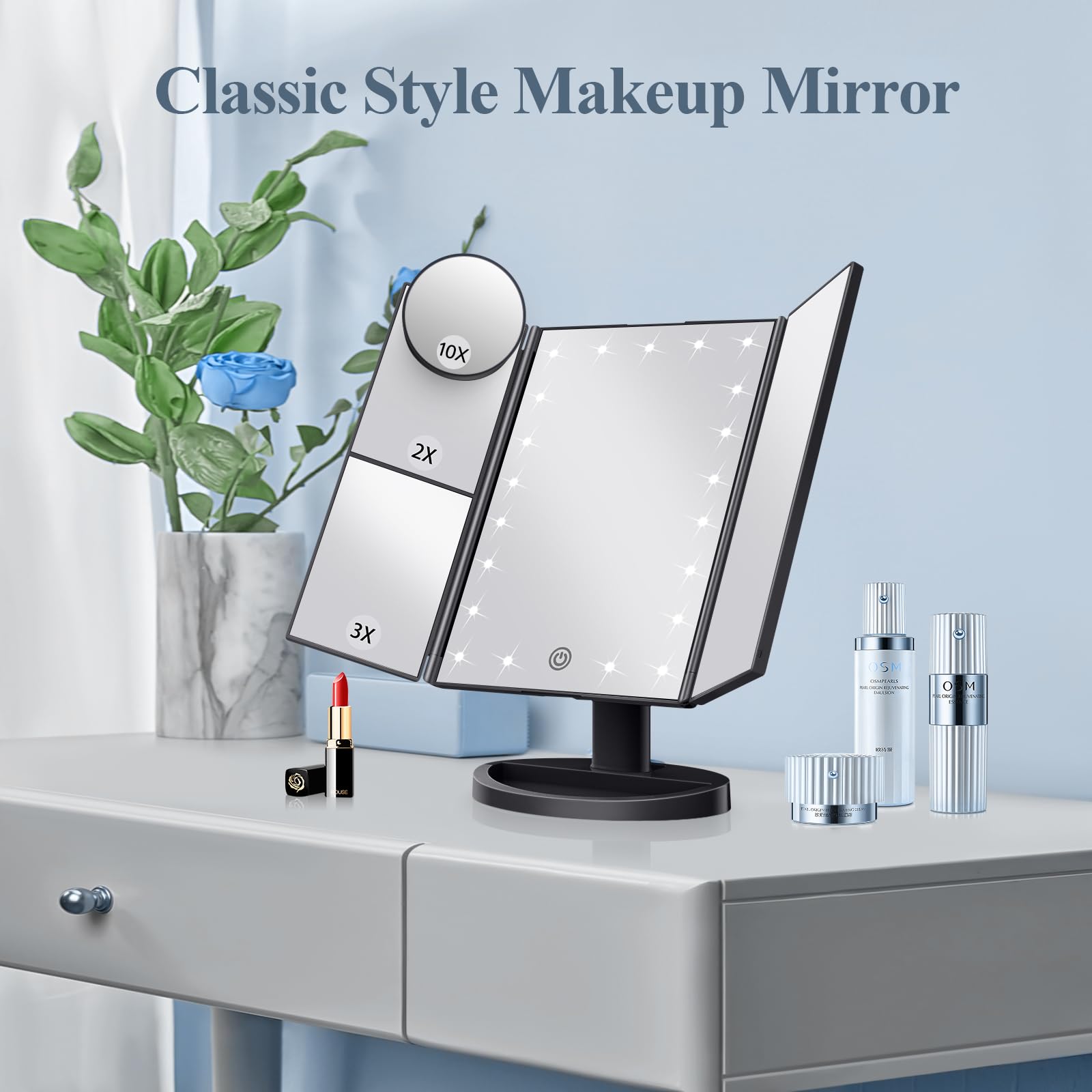 HUONUL makeup mirror with 2x magnification aids precise eye makeup.