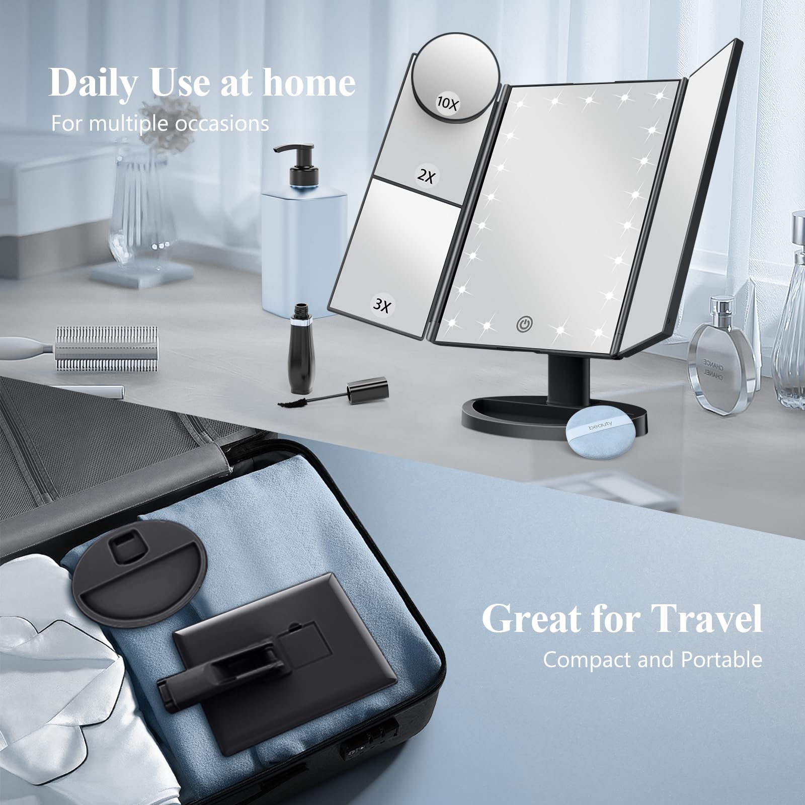 HUONUL makeup mirror dual-power setup supports USB or batteries.
