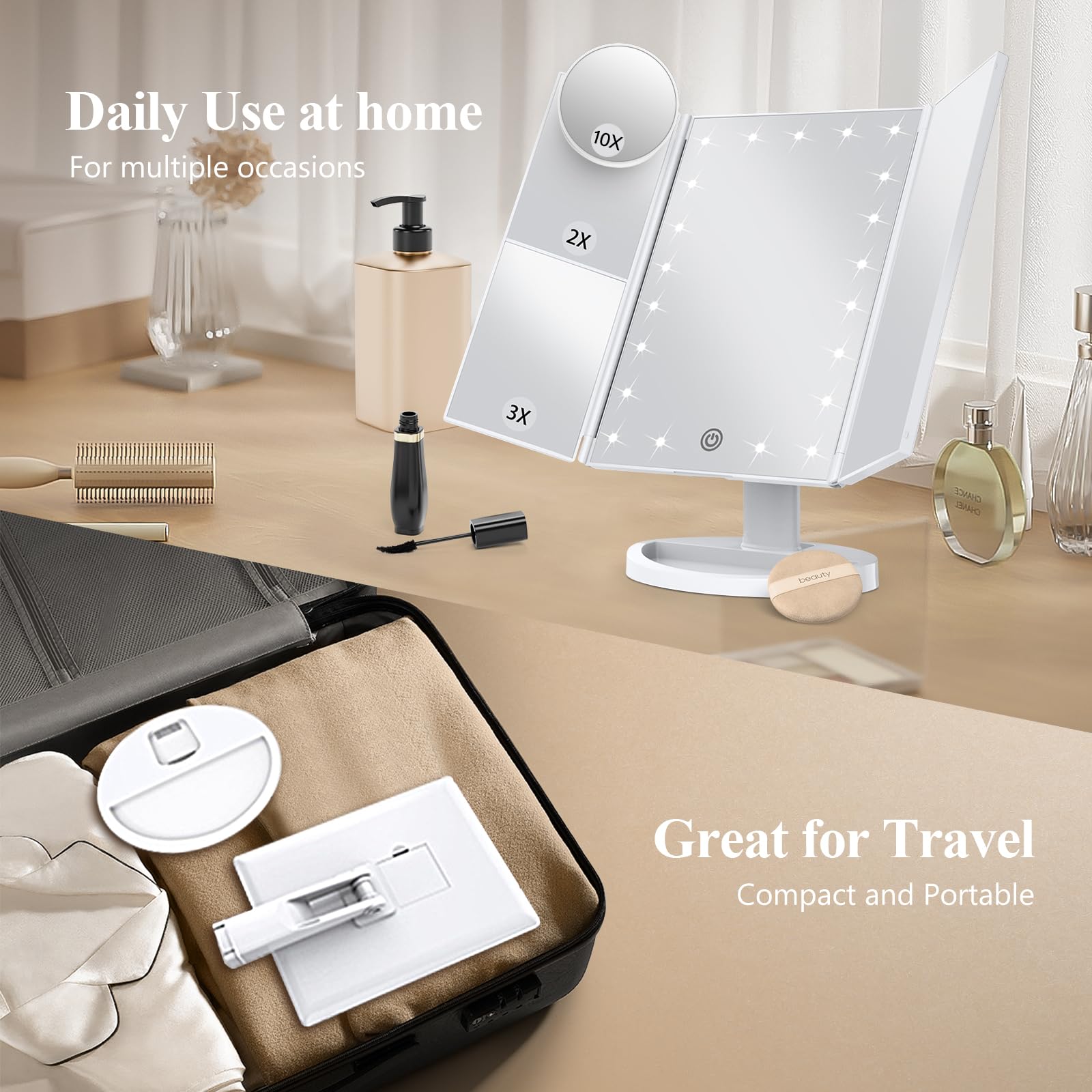 HUONUL makeup mirror powered by USB or batteries for portable use