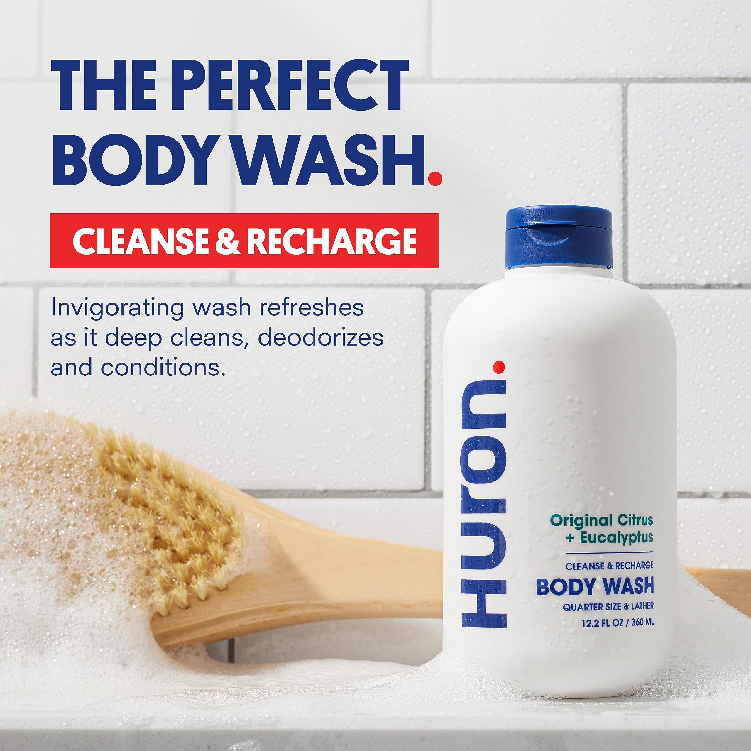 Huron Body Wash Sandalwood-Black-Pepper bottle features warm aroma and long-lasting hydration.