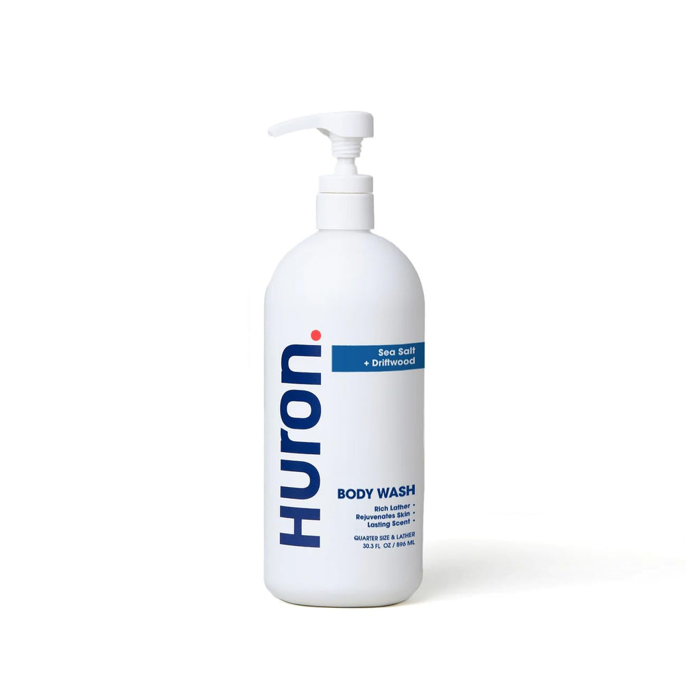 Huron Men Moisturizing Body Wash sea salt bottle view, highlighting refreshing cleanse and hydration.