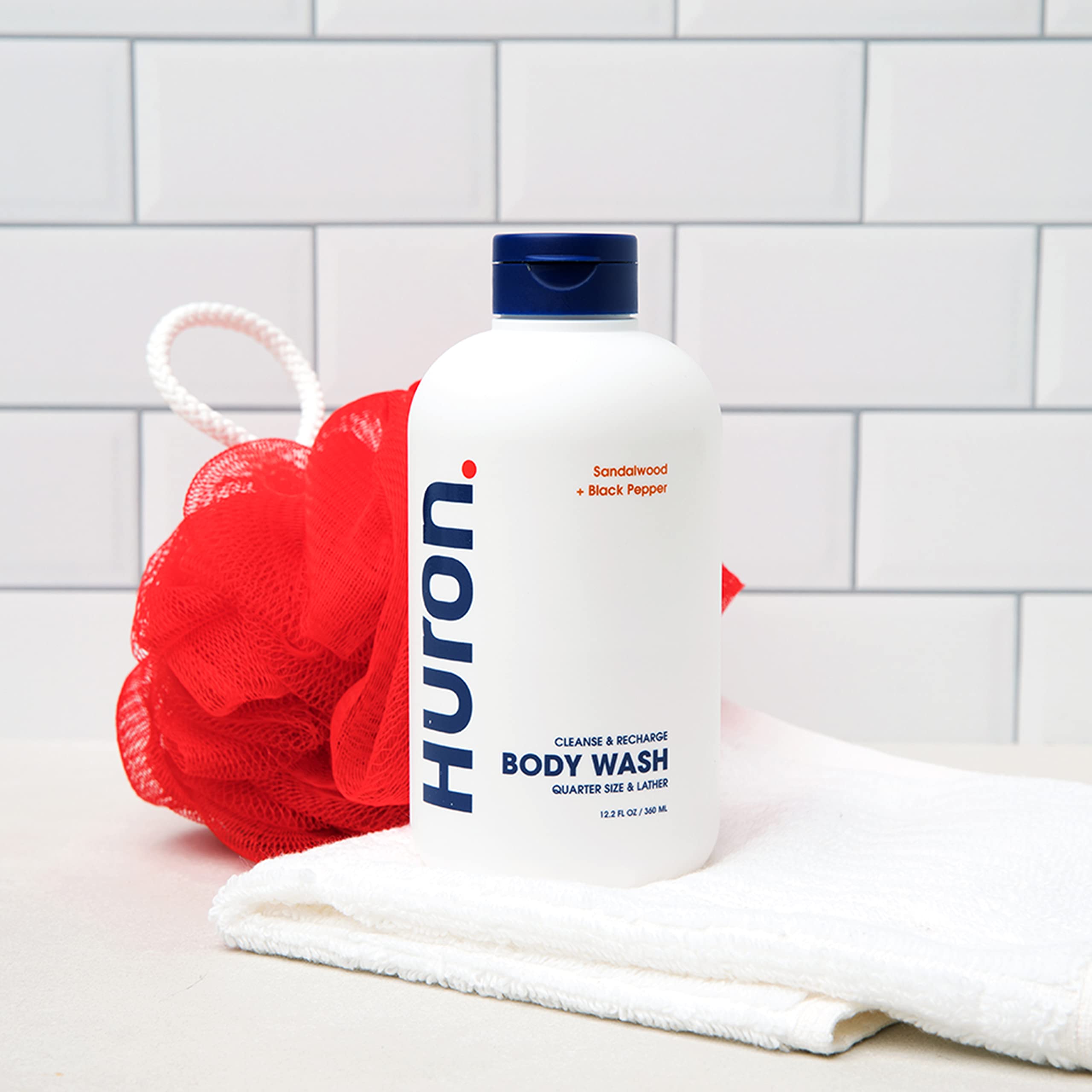 Huron body wash amber and creamy lather delivers deep cleanse and subtle fragrance.