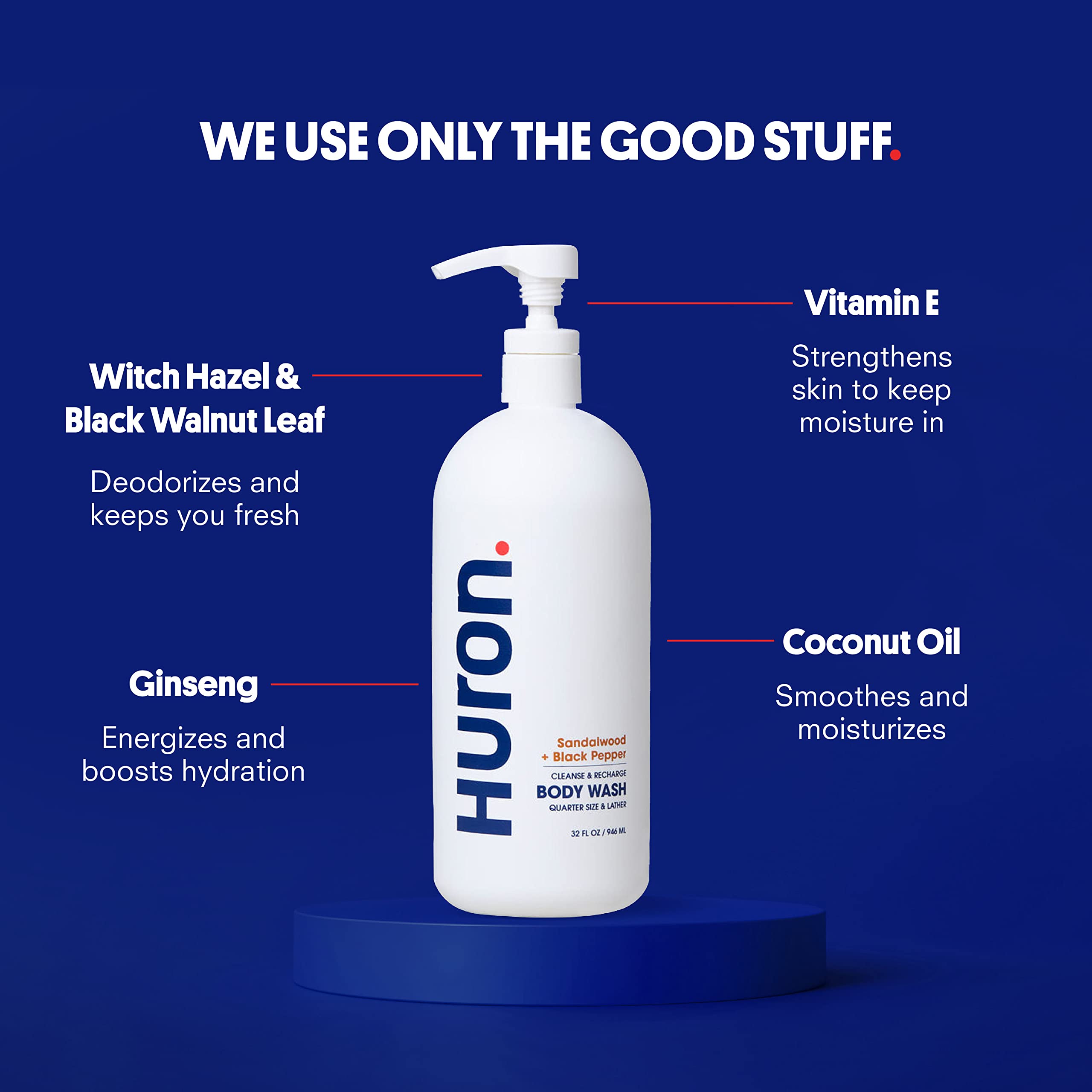 Huron Men’s Body Wash scent profile with sandalwood, black pepper, cedarwood, and amber promotes fresh confidence.