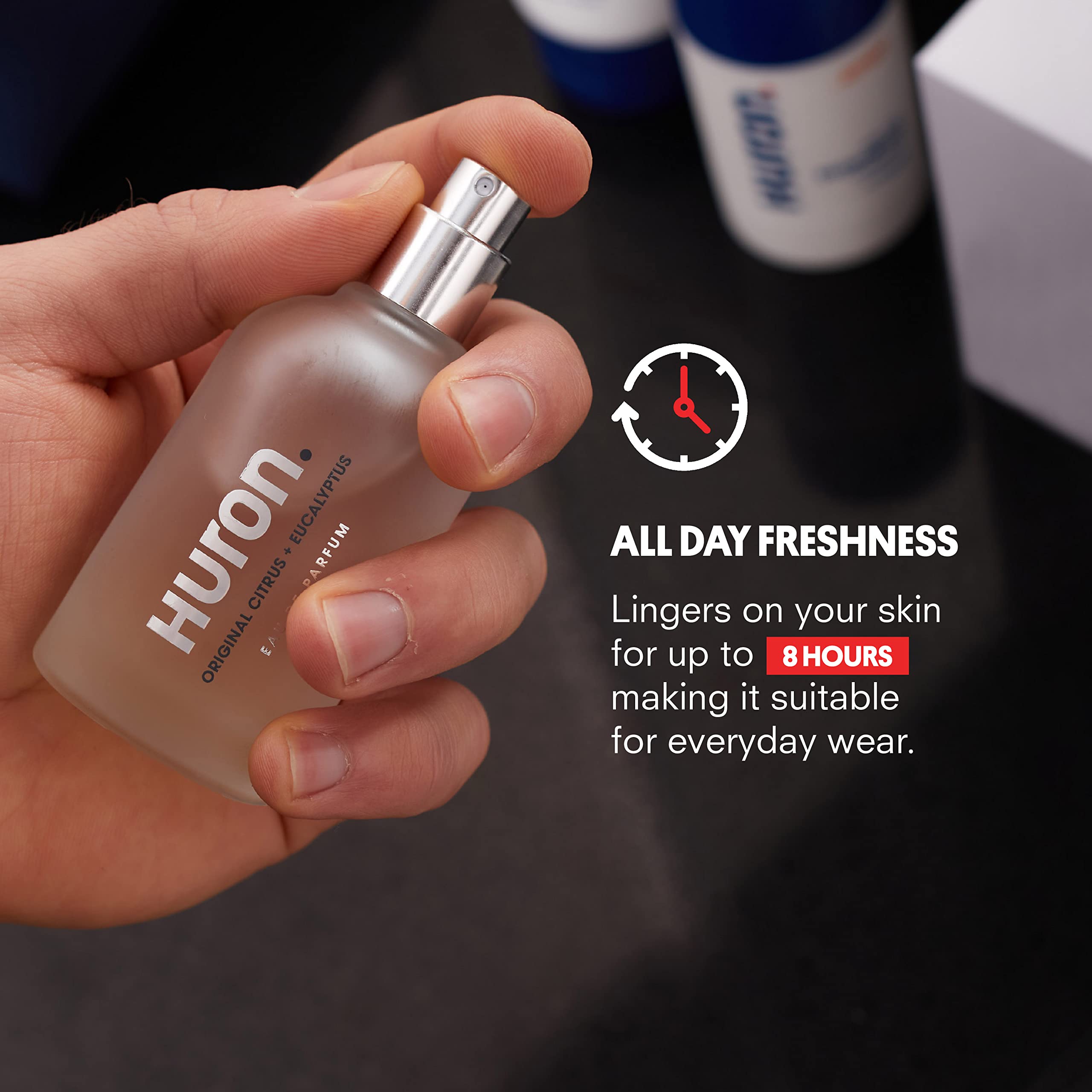 Huron spray application demonstrates easy, light spritz for lasting freshness.