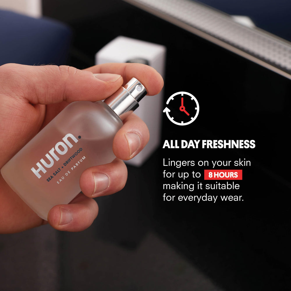 Huron Men’s Cologne lifestyle shot suggesting office-to-evening versatility.