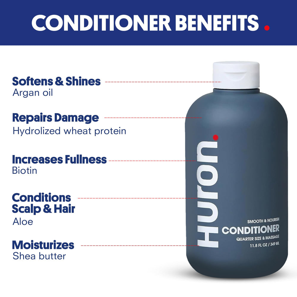 Huron Men's Conditioner bottle pump close-up highlights easy daily use