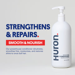 Huron Men’s Conditioner label-closeup highlighting vegan and cruelty-free formula.