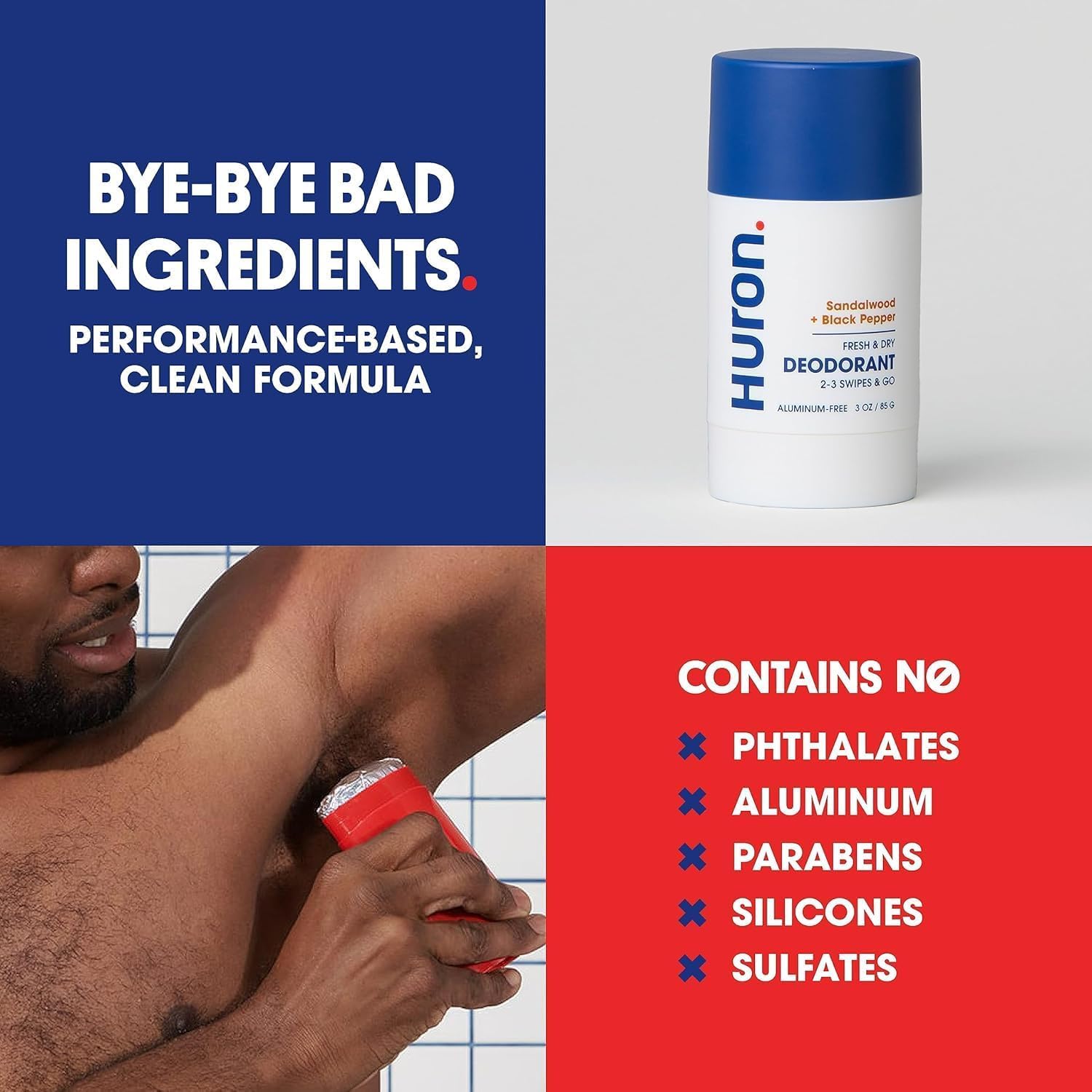 Huron deodorant formula with shea butter, jojoba, and coconut for skin nourishment.
