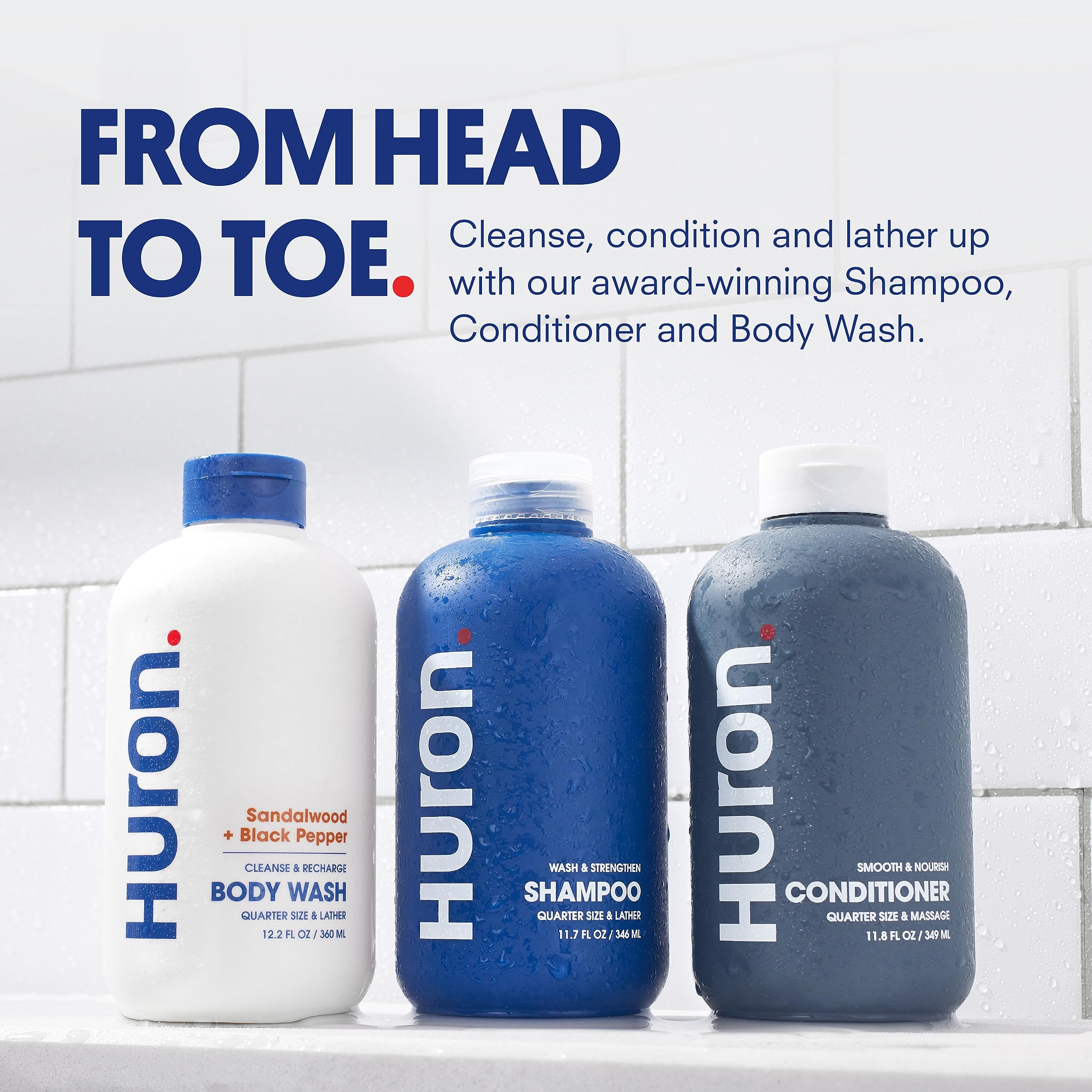 Huron Shower Kit conditioner bottle helps tame frizz and add moisture.