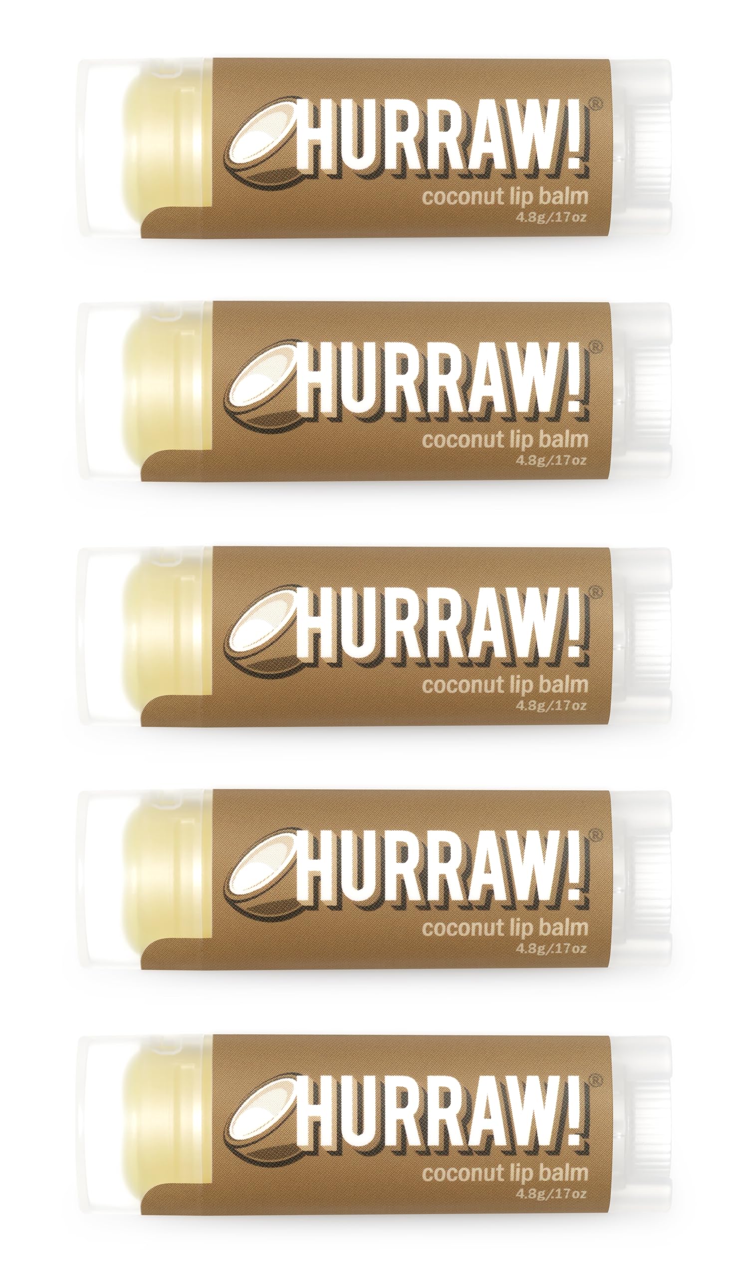 Hurraw Coconut Lip Balm pack of five tubes provides smooth, long-lasting hydration.