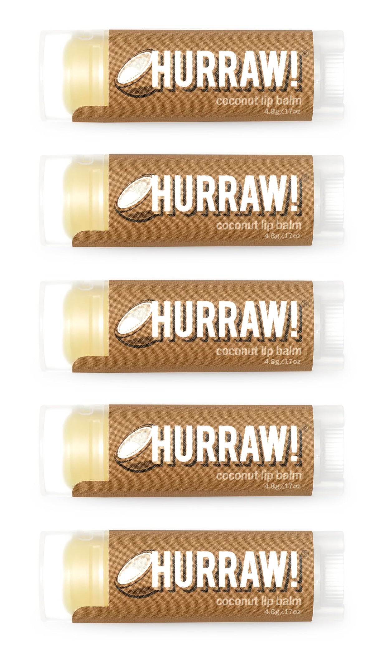 Hurraw Coconut Lip Balm pack of five tubes provides smooth, long-lasting hydration.