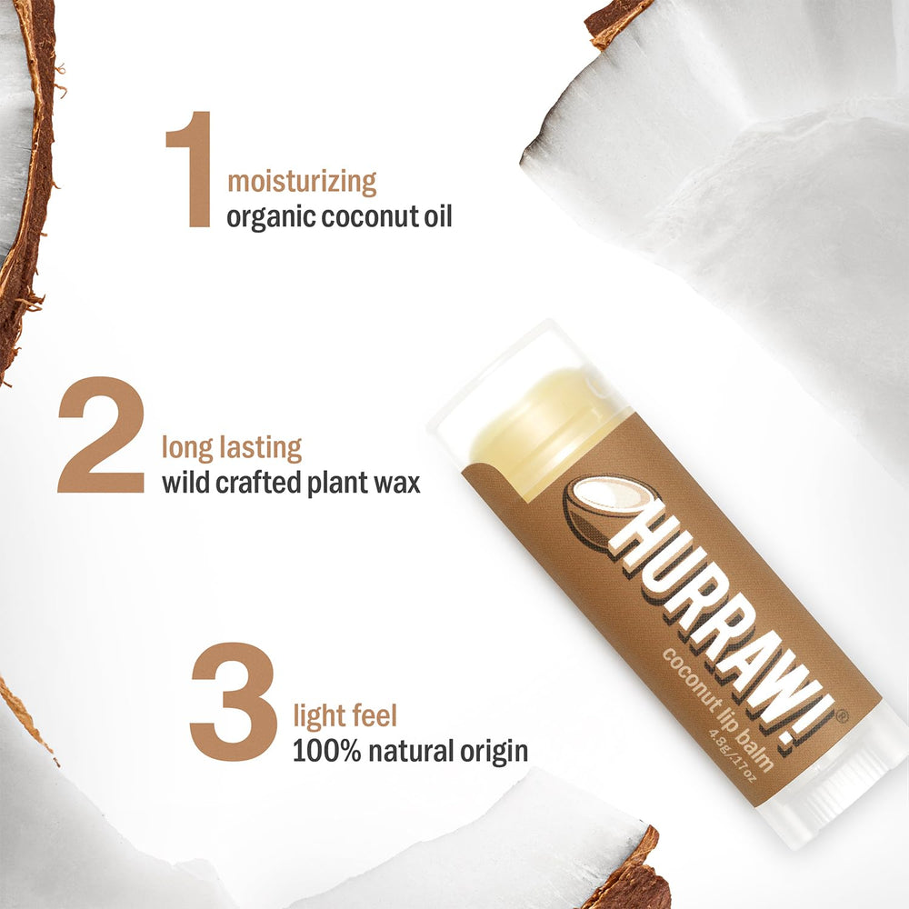 Close-up of Hurraw Coconut Lip Balm tube with creamy texture and coconut aroma.