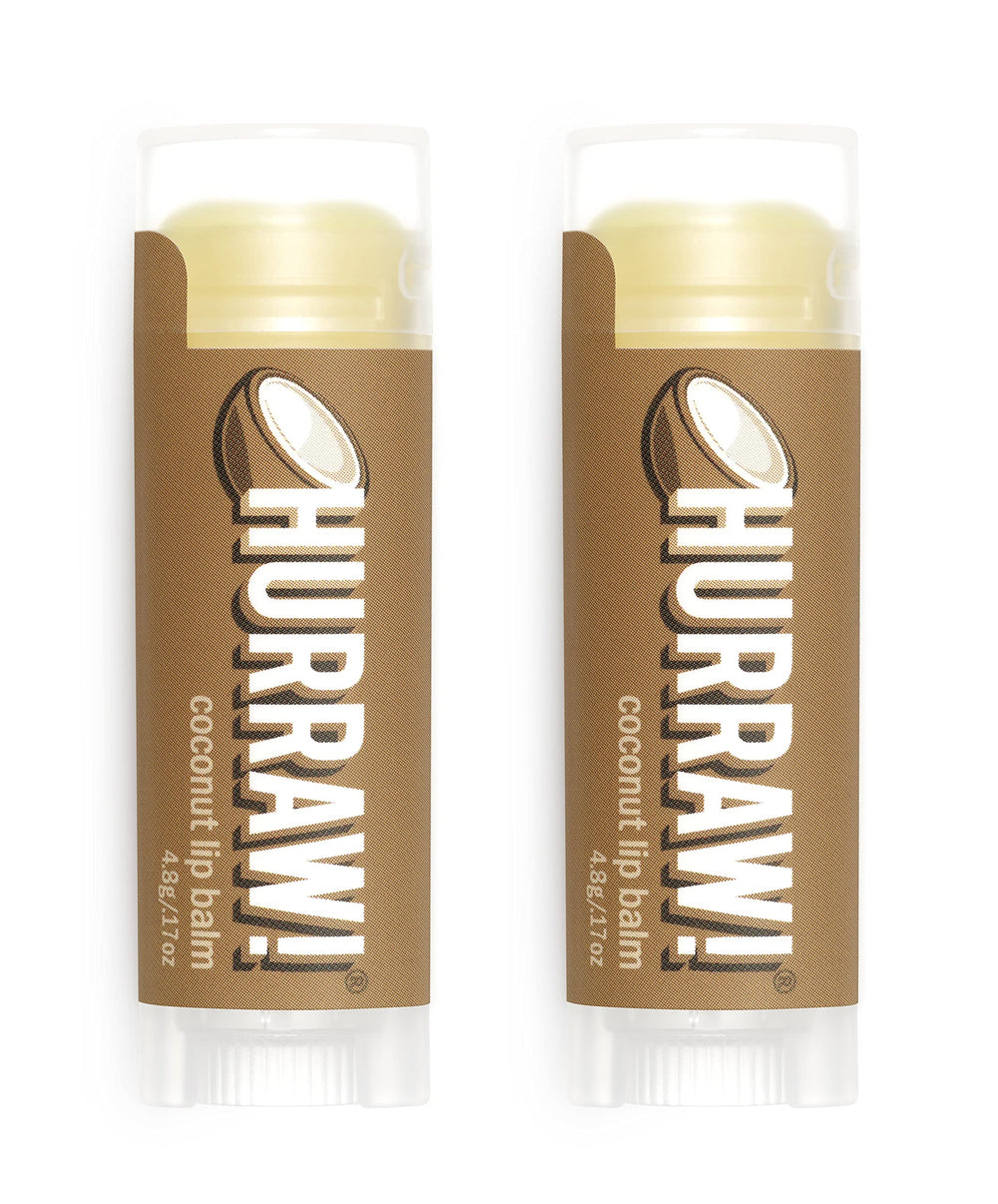 Hurraw! coconut lip balm two-pack tubes provide portable lip care for daily use.