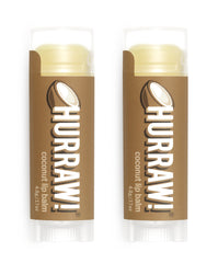 Hurraw! coconut lip balm two-pack tubes provide portable lip care for daily use.