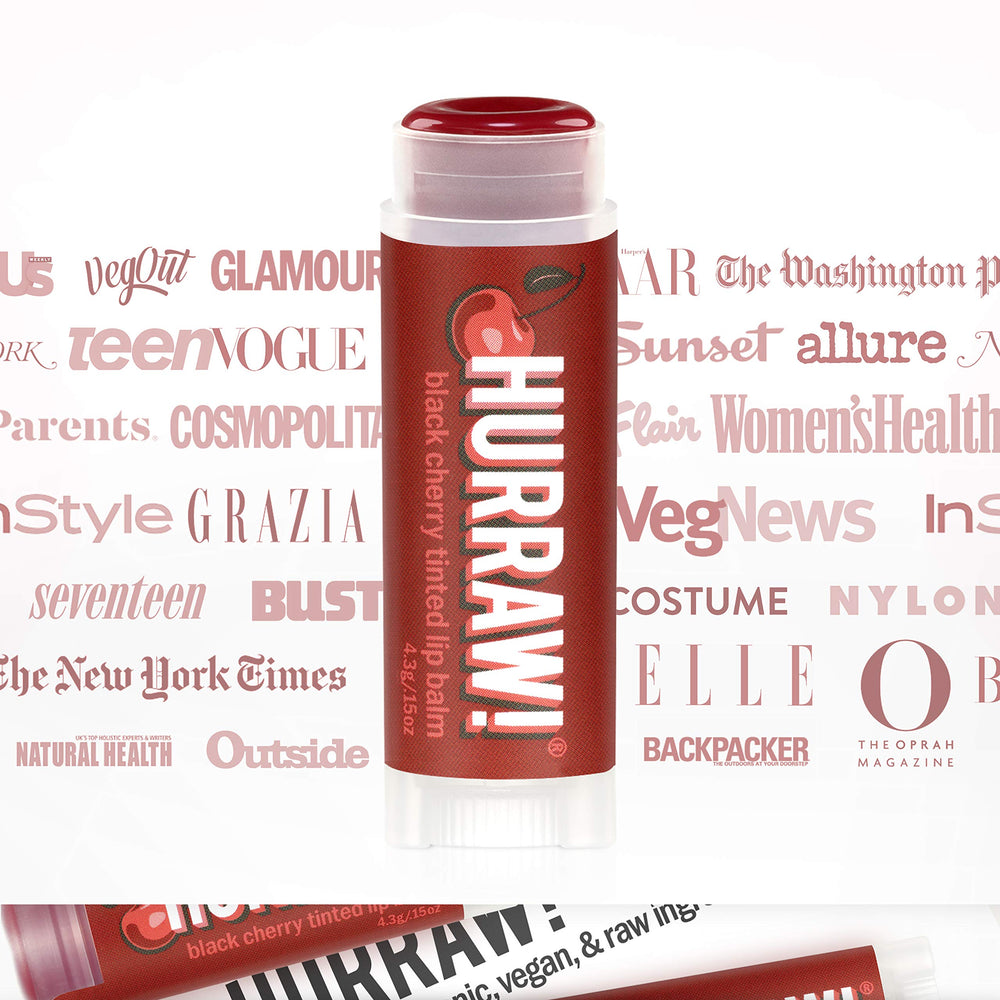 Hurraw! lip balm label highlights natural, vegan, and organic ingredients.