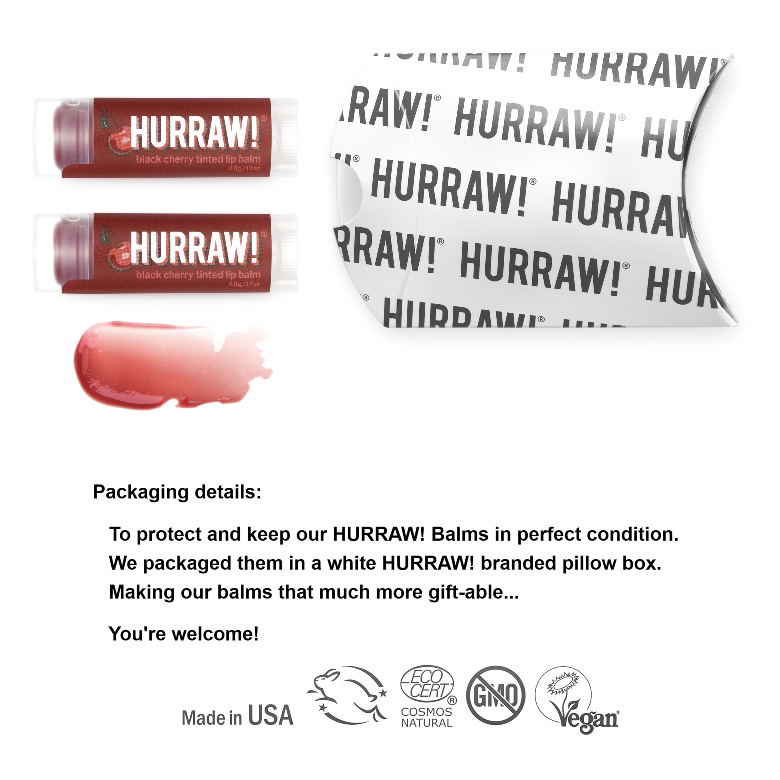 Hurraw! two-tubes lip balm packaging for on-the-go moisture and easy reapplication.