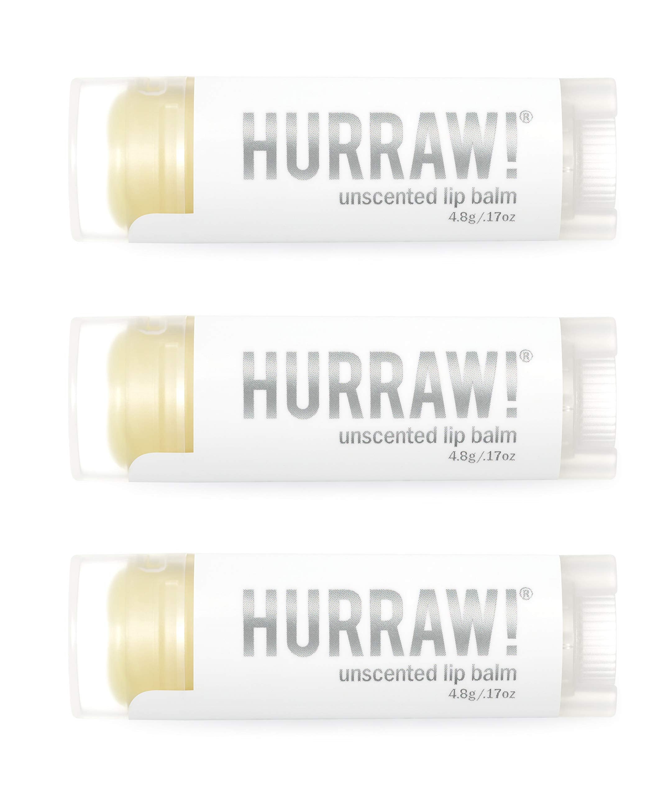 Hurraw! Unscented lip balm 3-pack packaging shows organic vegan formula for safe lip care.