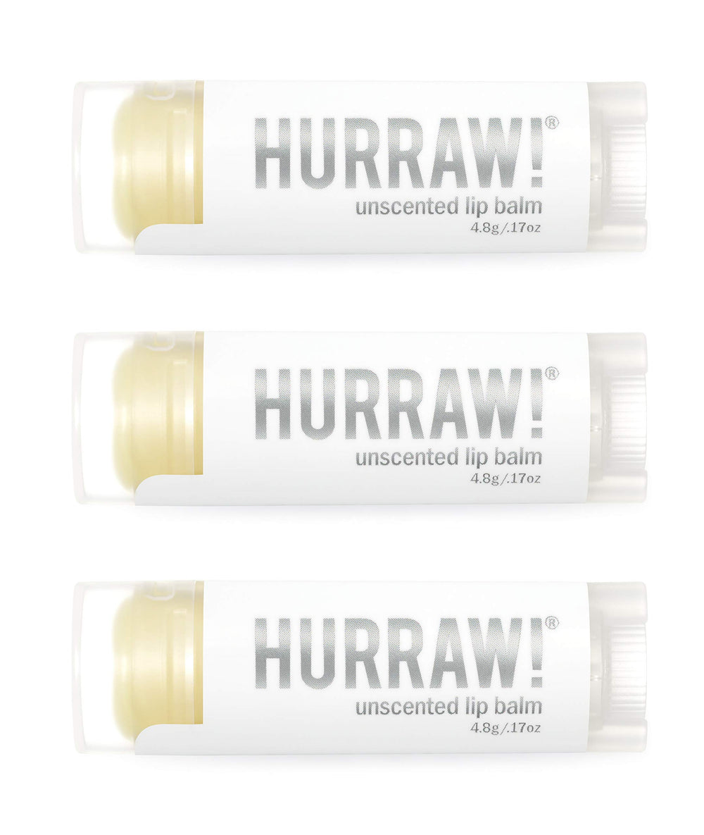 Hurraw! Unscented lip balm 3-pack packaging shows organic vegan formula for safe lip care.