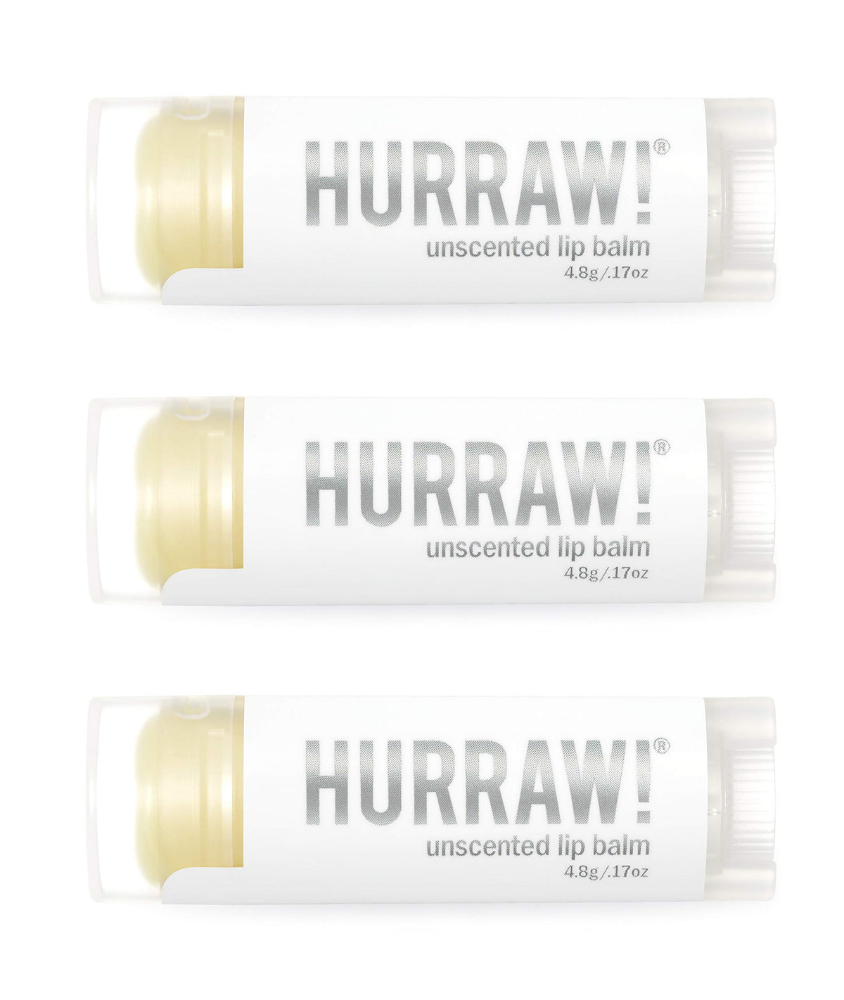 Hurraw! Unscented lip balm 3-pack packaging shows organic vegan formula for safe lip care.