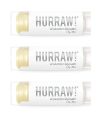 Hurraw! Unscented lip balm 3-pack packaging shows organic vegan formula for safe lip care.