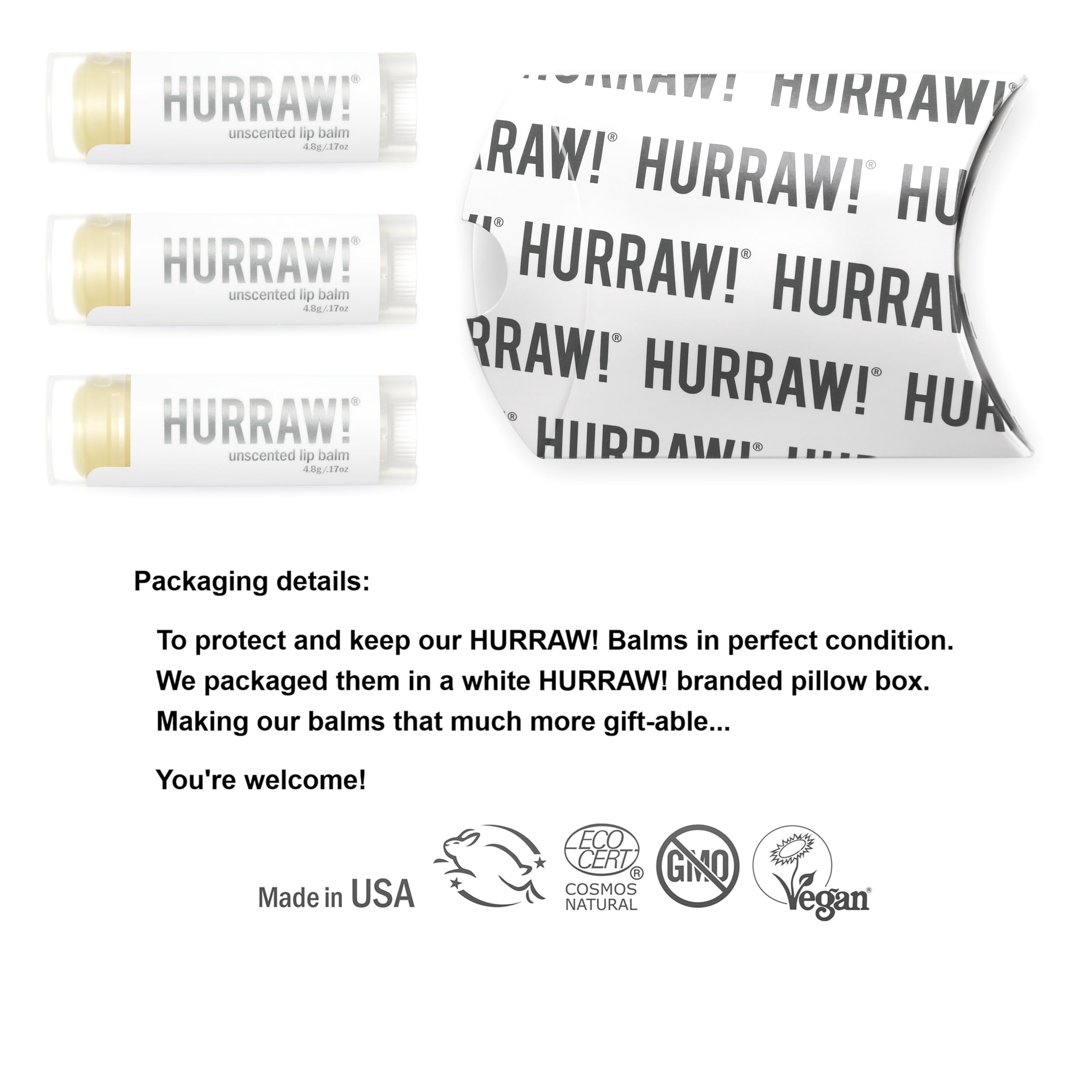 Close-up of Hurraw! unscented lip balm tubes highlighting fragrance-free nourishment.