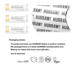 Close-up of Hurraw! unscented lip balm tubes highlighting fragrance-free nourishment.