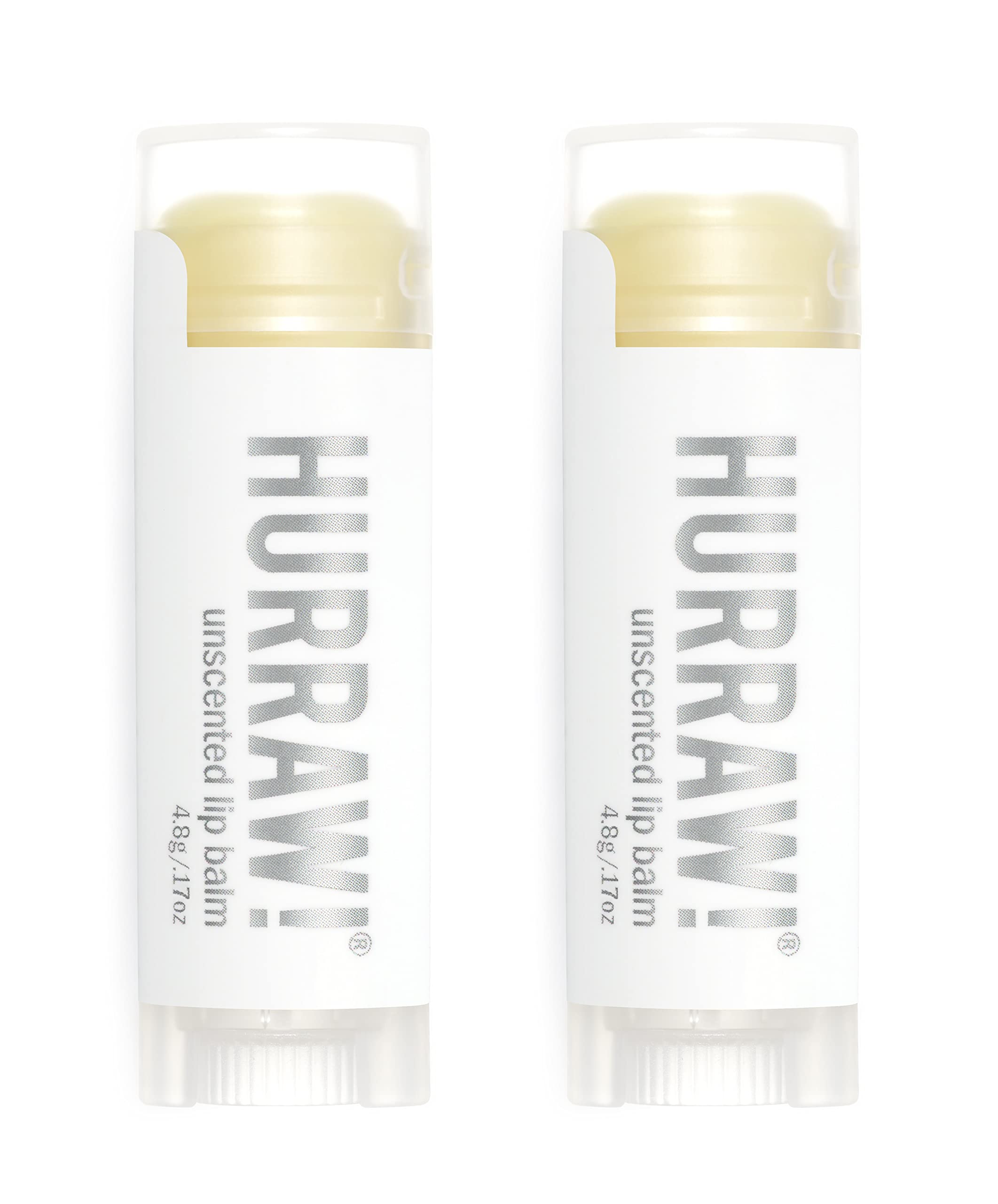 HURRAW! Unscented lip balm packaging shows two compact tubes for on-the-go moisture