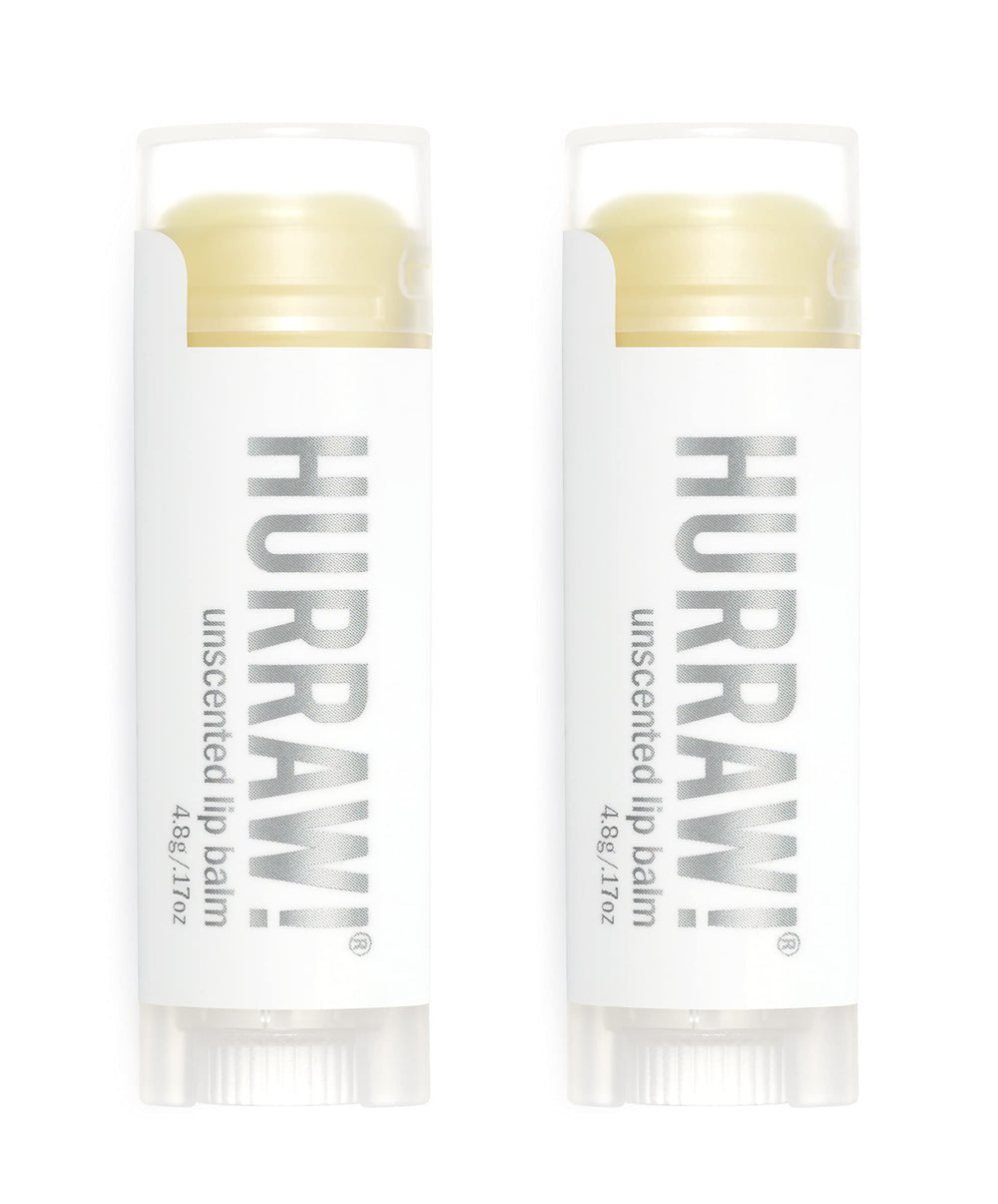 HURRAW! Unscented lip balm packaging shows two compact tubes for on-the-go moisture