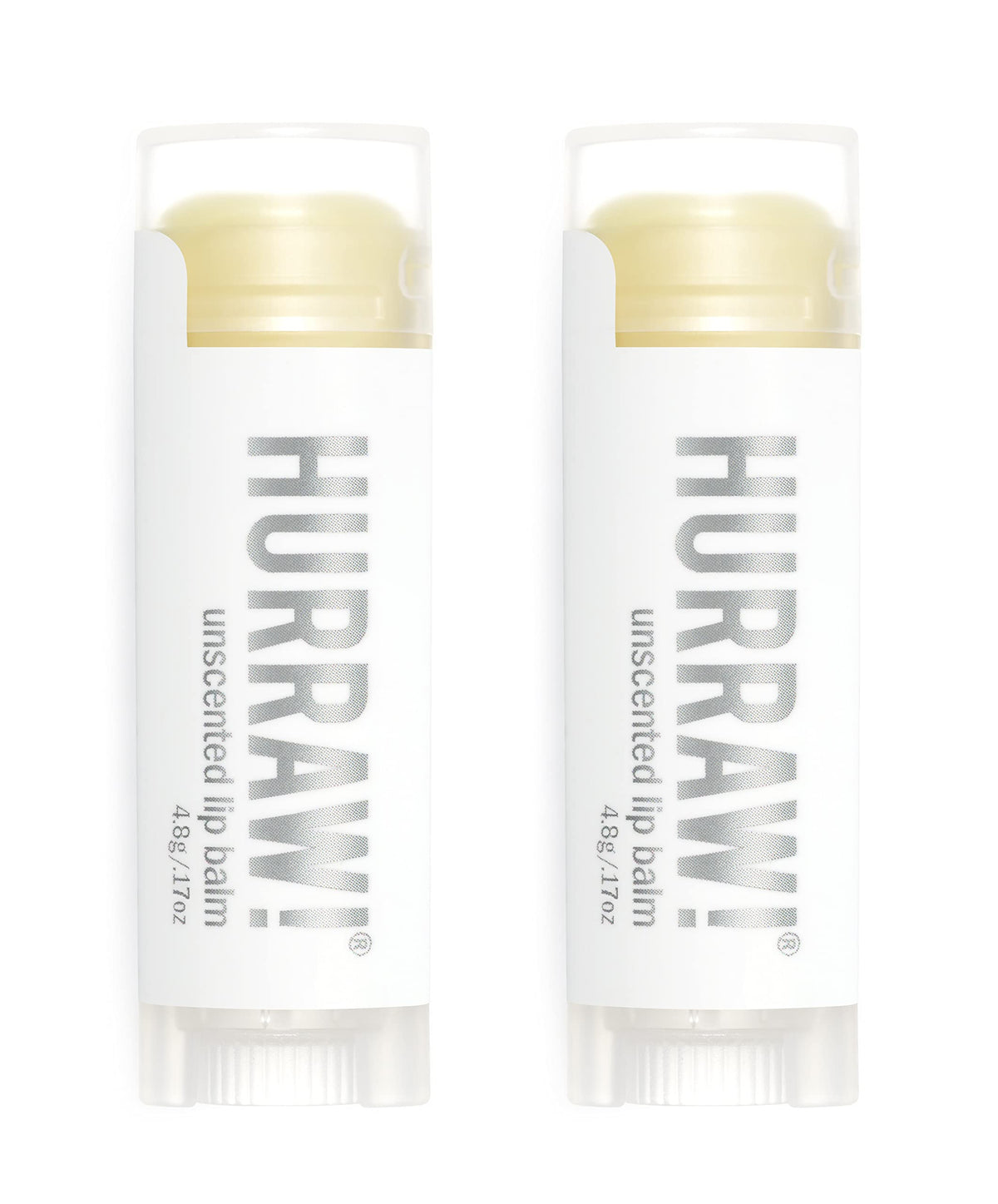 HURRAW! Unscented lip balm packaging shows two compact tubes for on-the-go moisture