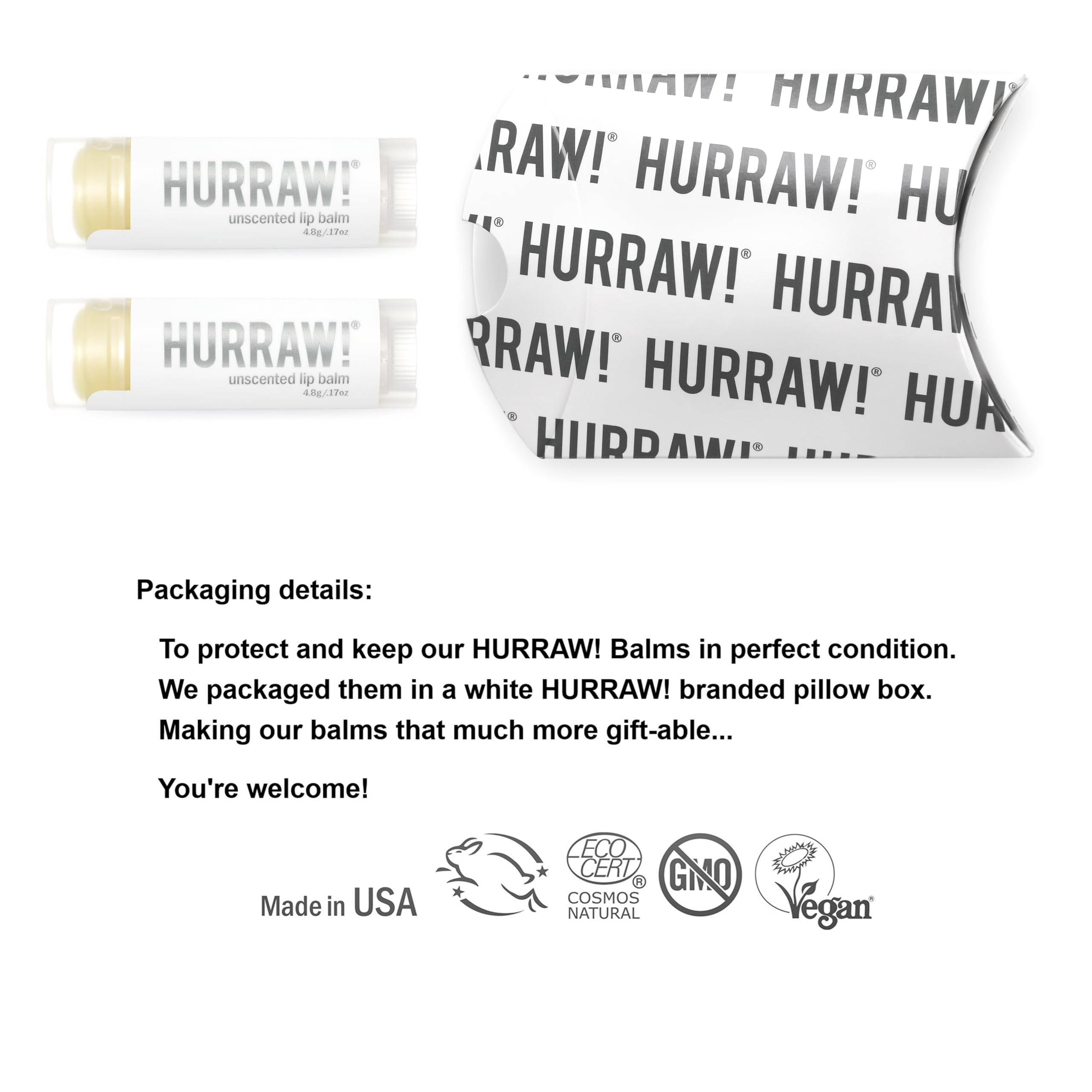 HURRAW! Unscented lip balm tubes up close reveal silky texture for smooth lips