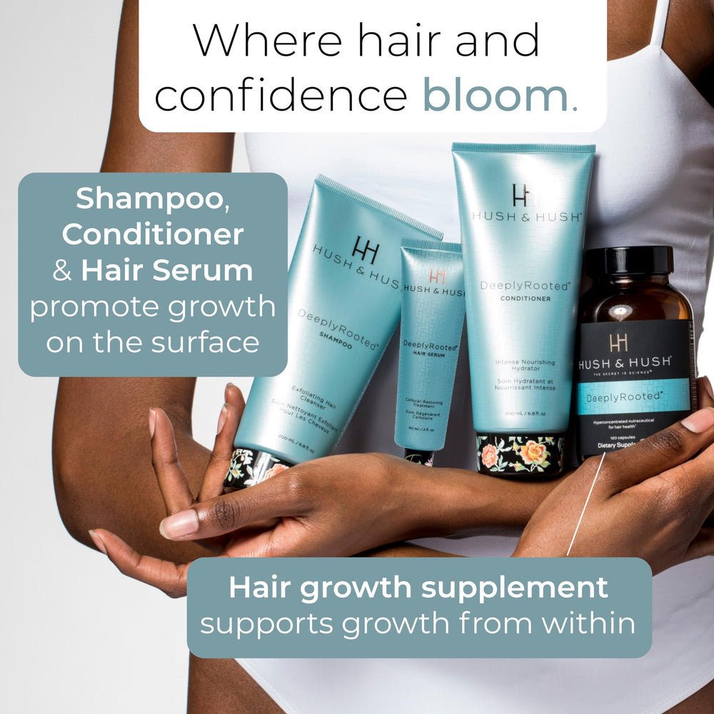 Hush & Hush DeeplyRooted gift box presents premium health-supporting hair care.