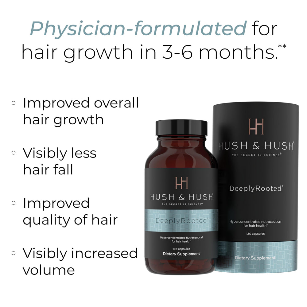 Hush & Hush DeeplyRooted label close-up emphasizes a clean, drug-free formula for hair care.