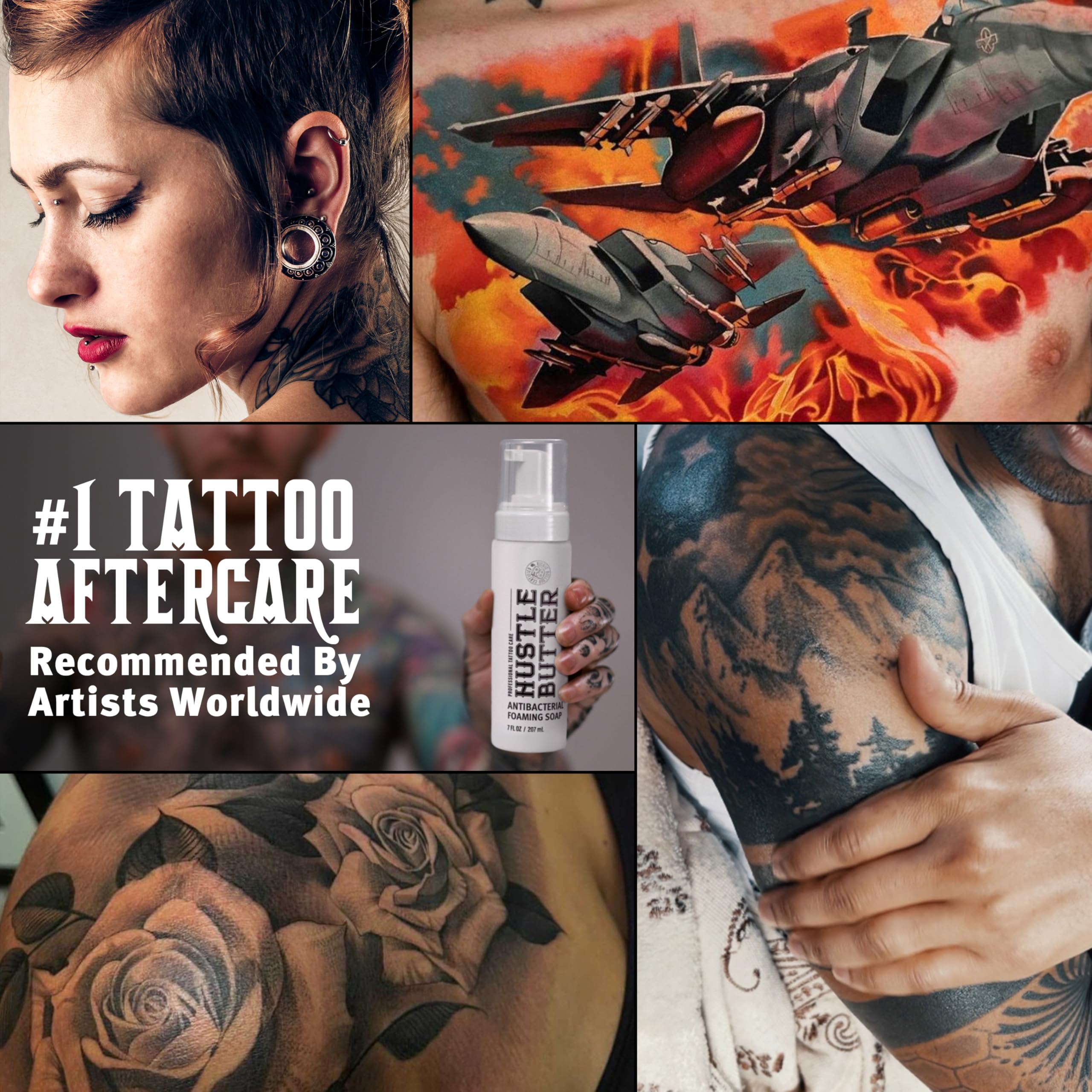 Hustle Bubbles foaming-cleanser closeup highlights in-process tattoo care.