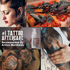 Hustle Bubbles foaming-cleanser closeup highlights in-process tattoo care.