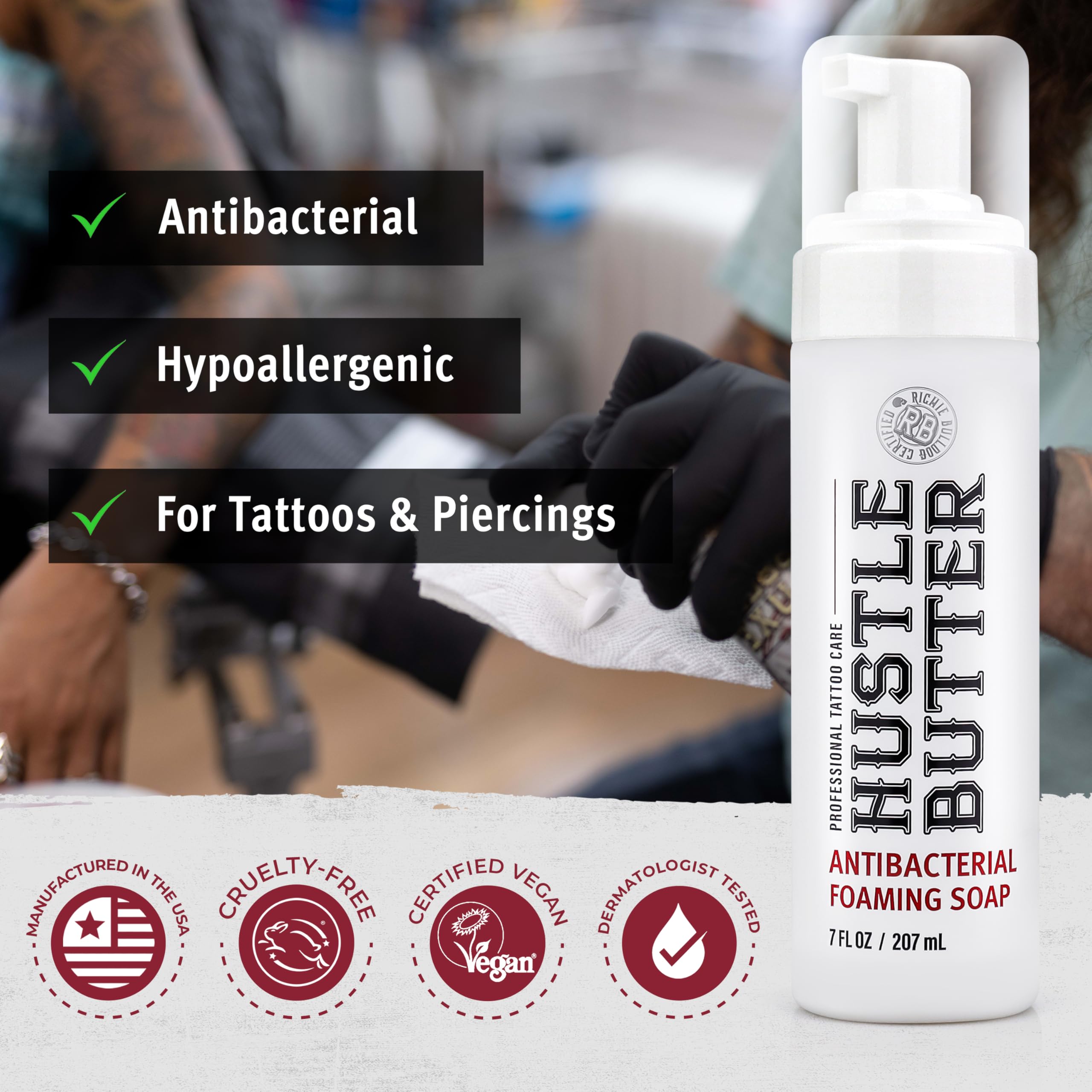 Hustle Bubbles fresh-tattoo-cleaning during healing is shown.